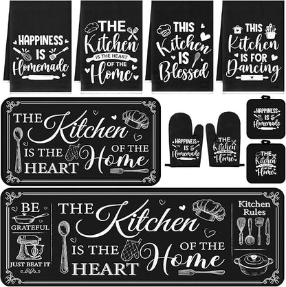 Fourluoo 10 Pcs Farmhouse Kitchen Decor and Accessories Set 4 Kitchen Towels 2 Pot Holders 2 Oven Mitts 2 Rugs for Cooking Baking Mom Housewarming Gifts(Black,Classic Style)