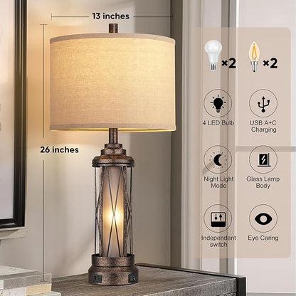 Qimh Farmhouse Table Lamps for Living Room, Rustic Nightstand Lamp for Bedroom with USB A+C Charging Ports, Frosted Glass Bedside Lamp with Night Light for Entryway End Table, 4 Bulbs Included, Bronze