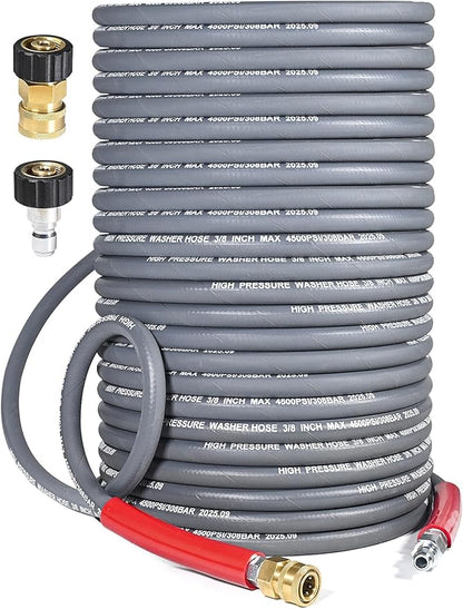 3/8″ Pressure Washer Hose 150 FT — 4500 PSI Steel-Braided Non-Marking Rubber | For Hot & Cold Water, Quick-Connect With M22 Fittings, Industrial-Grade Replacement for Gas Pressure Washers