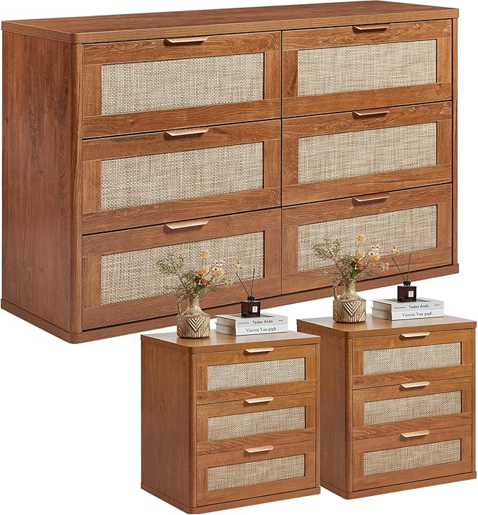 LEYAOYAO Rattan Dresser and Nightstand Sets 3 Piece, Boho Wood Dresser for Bedroom with 6 Drawers and Night Stand with 3 Drawer, Bedroom Furniture, Dressers & Chests of Drawers, Living Room, Hallway