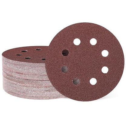 HARFINGTON 50 Pcs 5 Inch Sanding Discs, 60 Grit Hook and Loop Sandpaper, 8-Hole Aluminum Oxide Orbital Sander Sandpaper for Woodworking Automotive Metal Polishing, Red