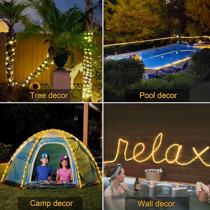 JMEXSUSS 200 LED Solar Rope Lights,66ft 8 Modes Solar Rope Lights Outdoor Waterproof LED Solar Powered Rope Tube for Fence,Gazebo,Yard,Walkway,Path(Warm White)