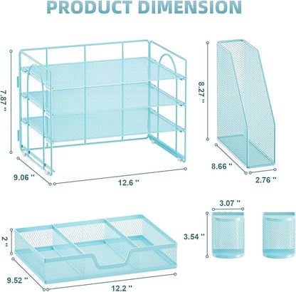 Marbrasse Desk Organizer and Accessories，4-Tier Paper Letter Tray Organizer with File Holder, Desk Accessories & Workspace Organizers with Drawer and 2 Pen Holder (Blue, 15.4" x 9.1" x 8.3")