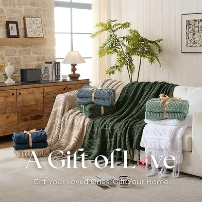 Boho Knitted Chenille Blanket with Tassels - Lightweight & Soft All-Season Throw - 3D Classic Pattern for Living Room Bedroom Couch, Imperial Green, Throw 50"x60"