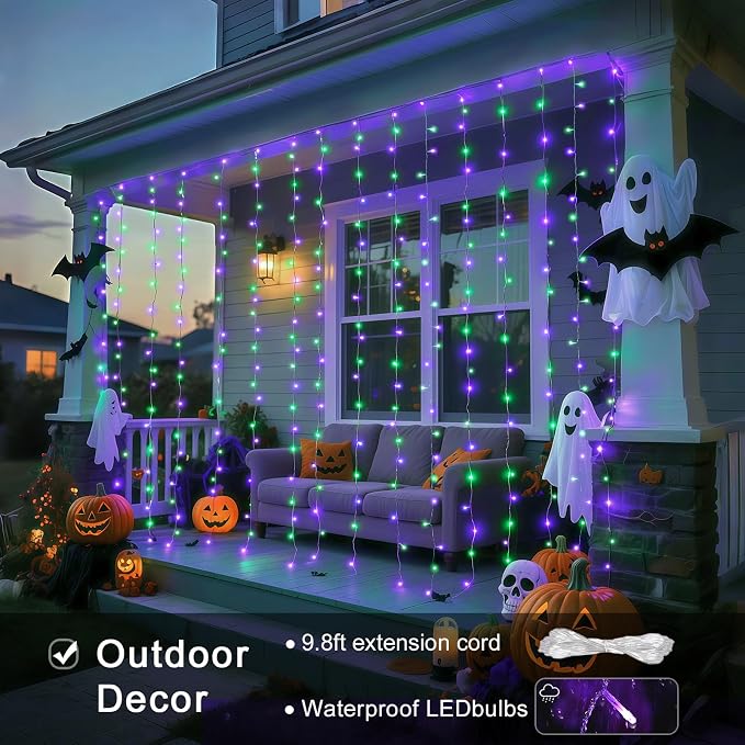 JMEXSUSS 300LED Halloween Curtain Lights with Remote, 9.8x9.8ft Halloween Lights Plug in, Christmas Twinkle Hanging String Light for Bedroom Wall Window Backdrop Indoor Outdoor Decor, Purple and Green