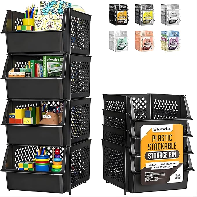 TidyFriend 4 Pack Stackable Storage Bins Open Front for Pantry Organizers and Storage, Pantry Storage for Food, Kitchen and Home Organization, Plastic Storage Bins, Dorm Room Essentials (Black)