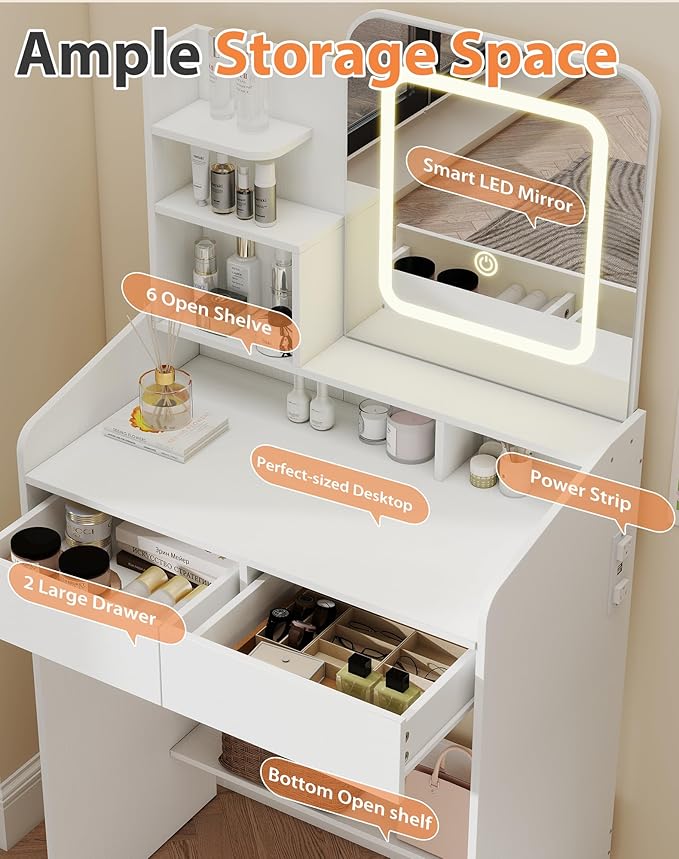 Small Makeup Vanity Desk for Girls with Lighted Mirror, 26.5” W Dressing Table with 2 Drawers and Power Outlet, 3 Light Modes & Adjustable Brightness, Vanity Table for Women Bedroom, White