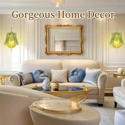 Wireless Wall Sconce with Flower lampshade, Battery Operated Wall Lights,Wall lamp with 15 Colors for Bedroom Living Room Home Decor (Green Flower,2 Light Battery Operated)