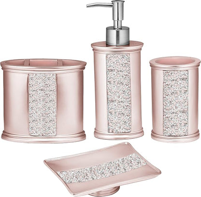 Zahari Home 4pc Sinatra Stylish Bathroom Accessories Set Liquid Soap Dispenser, Tumbler, Tooth Brush Holder and Soap Dish Modern Classic Luxury Decor Bling Mosaic Glass Blush Bathroom Accessories