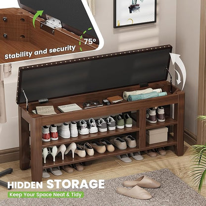 Shoe Bench for Entryway, Solid Rubberwood Shoe Bench with Hidden Storage, Adjustable 2-Tier Shelves & Soft PU Leather Seat, Shoe Rack Durable Easy Assembly for Hallway or Bedroom - Brown, 47.28"