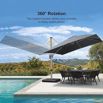 PURPLE LEAF 10FT Patio Umbrella with Base Cantilever Umbrella Square Outdoor Offset Umbrella with Champagne Frame and 360° Rotation for Garden Deck Pool, Grey