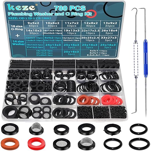 KEZE 780 PCS Rubber Washer Assortment Kit 14 Size Water Hose Washers and 18 Size Nitrile O Ring Washers Set for Outside Faucet Spigot Garden Hose Pressure Washer Plumbing Repair OD 5-33MM