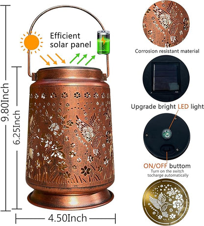 KY&BOSAM Solar Hummingbird Lanterns Outdoor Waterproof, Metal Openwork LED Hanging Solar Lights Outside Decorative for Yard Patio Backyard Deck Porch Garden Decor Birthday Gifts for Women Mom Grandma