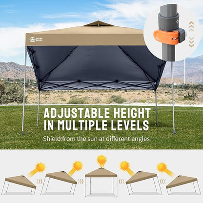 CROWN SHADES Adjustable Height on The Fly, 10x10 Pop Up Canopy - Beach Tent with One Push Setup - Easy Outdoor Sun Shade for Events, Parties, Camping - Outside Shade with STO-N-Go Bag, Khaki