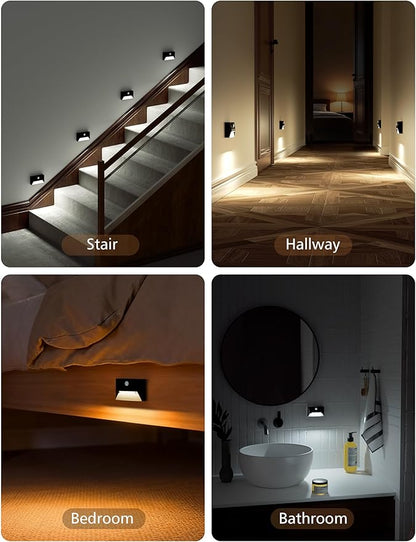 NIORSUN Motion Sensor Night Light, Rechargeable Stair Lights Indoor, 3 Colors and Motion Modes Battery Night Light with Light Sensor for Stairway, Hallway, Bathroom, Kitchen, Bedroom Black 4 Pack