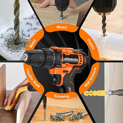WORKBLESS 21V Power Drill Set, Cordless Drill with Battery and Charger, 3/8'' Keyless Chuck, Variable Speed, 18+1 Torque Setting and 28pcs Drilling/Driver Bits Tool Set(Orange)