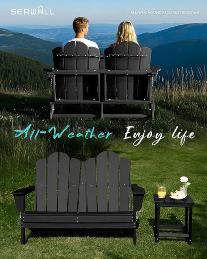 SERWALL Folding Adirondack Bench, HDPE All-Weather Adirondack Loveseat Set of 2, Black