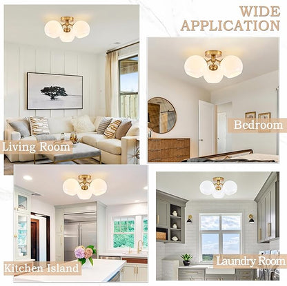 KoKo&Yukina 3-Light Mid Century Modern Gold Semi Flush Mount Ceiling Light Globe Sputnik Chandelier Fixture Milk Glass Globe Ceiling Lights for Bedroom Living Room Hallway Entryway Foyer