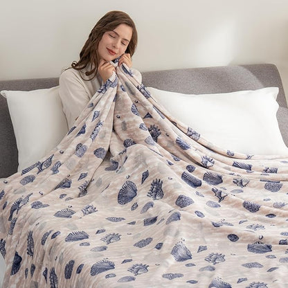 Berkshire Blanket-Classic Heavyweight Warm Soft Printed VelvetLoft® Plush Blanket, King Size Soft Fuzzy Blanket for Couch Sofa Bed, Classic Shells Navy, 90in x 108in