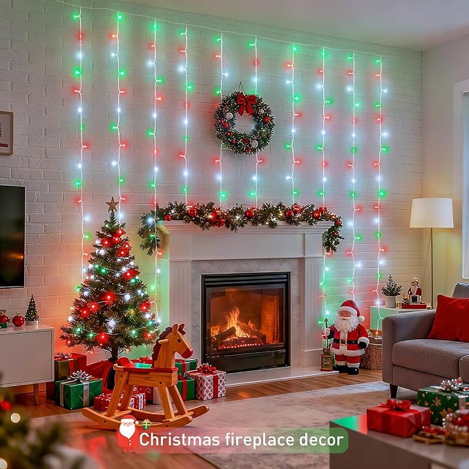 JMEXSUSS 300LED Red White and Green Christmas Curtain Lights with Remote, Indoor Christmas String Lights Plug in, Hanging Twinkle Lights for Bedroom Window Wall Yard Outdoor Xmas Decor, 9.8x9.8ft