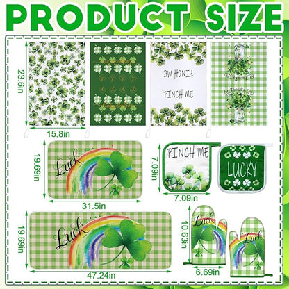 Fourluoo 10 Pcs St Patricks Day Kitchen Set Shamrocks Kitchen Towels and Rugs Oven Mitts and Pot Holders Irish Decor for Women Mom Gift Cooking Baking Grilling