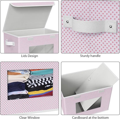 Univivi Fabric Foldable Storage Boxes [4-Pack] Large Collapsible Stackable Storage Bins with Lids, Closet Organizers and Storage Cube Basket for Home, Office, Bedroom (Pink, 17”x 12” x 12”)