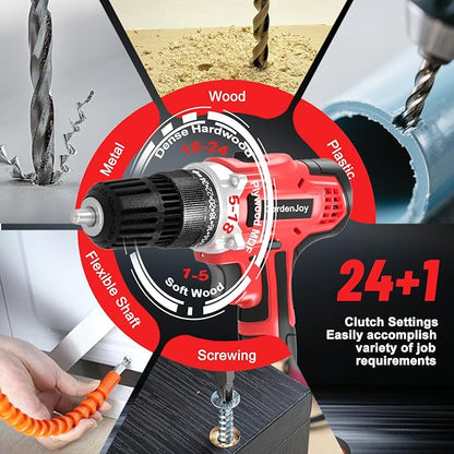 GardenJoy 20v Cordless Drill Set, Power Electric Kit Battery With Charger 30Nm 2-Speed 3/8" Keyless Chuck 24+1 Torque Drill Driver screwdriver Bits with LED Electric Work Light for Women DIY