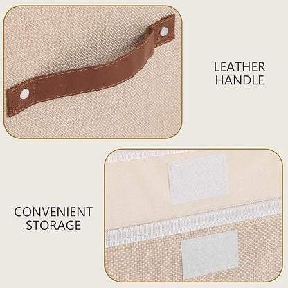 Yawinhe Collapsible Storage Boxes, Linen Fabric Baskets, Bin with lid and Leather Handle, Washable, for Home, Closet, Beige, 15.0''Lx9.8''Wx9.8''H, 3-Pack, USNK024BEL-3