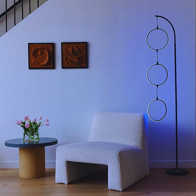 Brightech Nova Modern Color Changing Floor Lamp - LED Lamp with Stunning RGB Color Gradient and Contemporary 3-Circle Ring-Style Pendant - Corner or Over-The-Couch Arching Pole Standing Lamp - Black