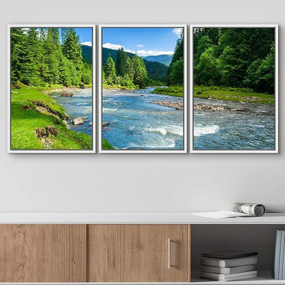 wall26 - 3 Piece Framed Canvas Wall Art - Landscape with Mountains Trees and a River in Front - Modern Home Art Stretched and Framed Ready to Hang - 16"x24"x3 White
