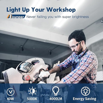 BBOUNDER 4 Pack Linkable LED Utility Shop Light, 4 FT, 4000 LM, 48 Inch Integrated Fixture for Garage, 40W Equivalent 250W, 5000K Daylight, Surface + Suspension Mount, White