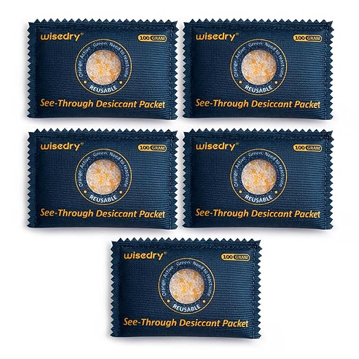 wisedry 100g [5 Packs] See-Through Desiccant Packs for Storage, Reusable Color Indicating Silica Gel Desiccant Packets, Moisture Absorbers for Gun Safe, 3D Filaments, Toolboxes, Safe, Electronics