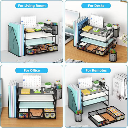 Marbrasse Desk Organizer and Accessories，4-Tier Paper Letter Tray Organizer with File Holder, Desk Accessories & Workspace Organizers with Drawer and 2 Pen Holder (Black, 15.4" x 9.1" x 8.3")