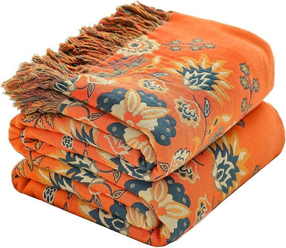 Boho Throw Blanket for Chair, 100% Cotton Woven Rustic Quilt with Tassel 50”x60”, Super Soft Muslin Blanket with Floral, Decorative Reversible Bed Blanket/Sofa Cover for All Seasons- Orange