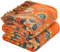 Boho Throw Blanket for Chair, 100% Cotton Woven Rustic Quilt with Tassel 50”x60”, Super Soft Muslin Blanket with Floral, Decorative Reversible Bed Blanket/Sofa Cover for All Seasons- Orange