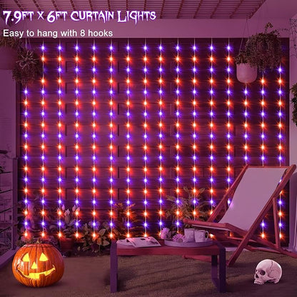 echosari Solar Halloween Curtain Lights Outdoor, 7.9ft x 6ft 144 LED Orange Purple Curtain Lights with 8 Modes Timer Waterproof for Indoor Outdoor Patio Fence Halloween Tree Party Decor