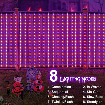 echosari Solar Halloween Curtain Lights Outdoor, 7.9ft x 6ft 144 LED Orange Purple Curtain Lights with 8 Modes Timer Waterproof for Indoor Outdoor Patio Fence Halloween Tree Party Decor