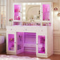 Vanity Desk with Mirror and RGB Lights, 43" Large Makeup Vanity with Glass Top, 4 Large Glass Cabinets, Power Outlet & 3 Drawers, 3 Colors Lighting Adjustable Brightness for Bedroom, White