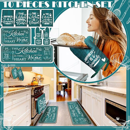 Fourluoo 10 Pcs Farmhouse Kitchen Decor and Accessories Set 4 Kitchen Towels 2 Pot Holders 2 Oven Mitts 2 Rugs for Cooking Baking Mom Housewarming Gifts(Light Blue,Classic Style)