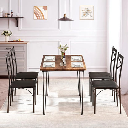 VECELO 5-Piece Dining Table Set for Home Kitchen Small Space Breakfast Nook, 4 Faux Leather Metal Frame Chairs, Retro Brown,Set for 4