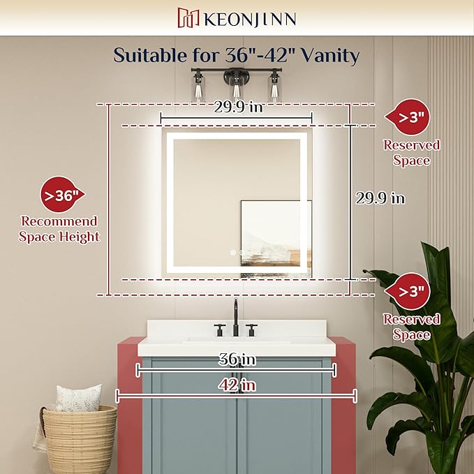 Keonjinn LED Bathroom Mirror 30 ” x 30 ” with Frontlit & Backlit, Lighted Mirror for Bathroom Wall with Dimmable 3-Color Lights, Anti-Fog Mirror with HD Tempered Glass, UL-Listed LED Driver