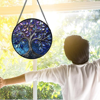 Stained Glass Window Hanging, Blue Purple Tree of Life Sun Catchers Colorful Glass Panel Plants Suncatcher Decor for Birthday for Women,Men,Wife, Lovers, and Mom 9.8 in