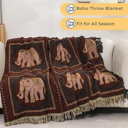Boho Throw Blanket for Bed with Tassels,100% Cotton Ultra Soft and Cozy Large Blanket Elephant Printed Farmhouse Decor Bed Blankets,60"×80" All Season Rustic Throw for Sofa Couch Chair-Brown
