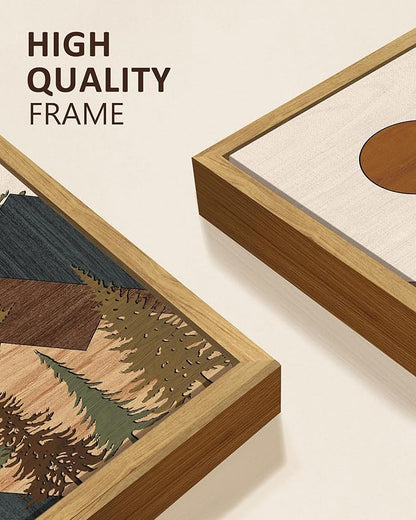 KUVIOKE Huge 16x32in Wooden Mountains Range Landscape Wall Art Framed Tree Nature Wall Decor Farmhouse Rustic Prints Kitchen Living Room Ready to Hang Natural Framed