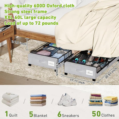 YAASHEEN Under Bed Storage with Wheels, 4-Pack Under the Bed Storage Containers with Clear Lids & Label, Underbed Storage Bins, XXL 60L Rolling Metal Drawer for Clothes, Shoes, Toys, Books - Gray