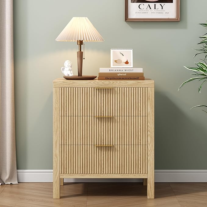 End Table with Storage, Wooden Farmhouse Nightstands with 3 Drawers, Bedside Table - Boho Tall Side Table Accent for Bedroom, Living Room, Nature