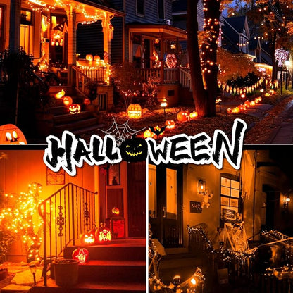 4 Pack Solar Halloween String Lights Outdoor - 320LED 132FT Orange Solar Fairy Lights Outside Waterproof, 8 Modes Solar Powered Twinkle Lighting Decorations for Tree Garden Yard Spooky Patio Party