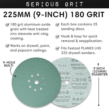 Serious Grit - 225mm 9-Hole 180 Grit Drywall Sanding Discs - Fits Festool Planex LHS 225 Sanders - Heavy-Duty Hook & Loop Film Abrasives - Dust-Free Multi-Hole Drywall Sander Sandpaper - 25 Pack