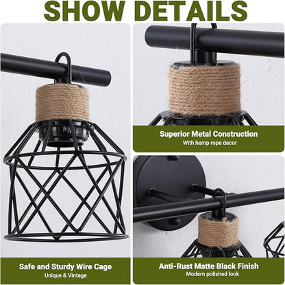 3-Light Farmhouse Bathroom Vanity Light Fixtures Over Mirror, Matte Black Vanity Lights with Metal Cage Lampshade, Vintage Bathroom Sconces Wall Lighting for Living Room Bedroom Hallway Cabinet
