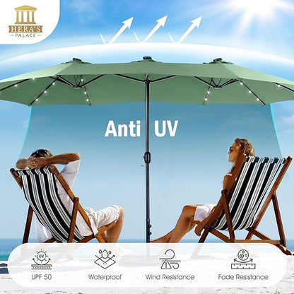 HERA'S PALACE 15ft Patio Umbrella with Base Included Double Sided Outdoor Umbrella for Patio Table Umbrella Outdoor 36 LED Solar Lights for Garden